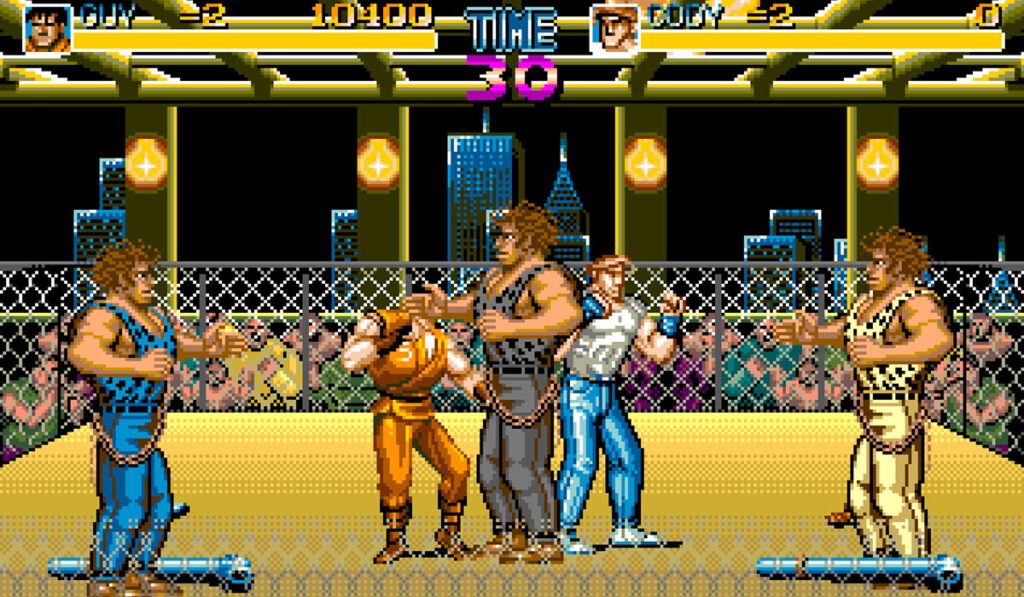 Gameplay de Final Fight no Sega CD mostrando Guy e Cody lutando contra membros da gangue Andore em um ringue.