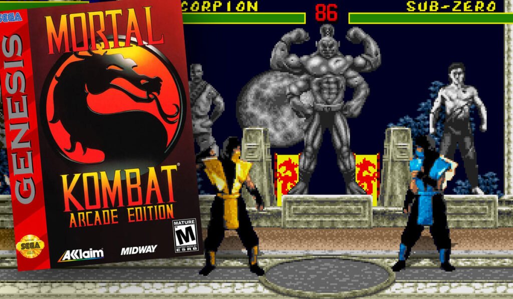 Capa e gameplay do hack Mortal Kombat Arcade Edition para Mega Drive, mostrando Scorpion vs Sub-Zero.