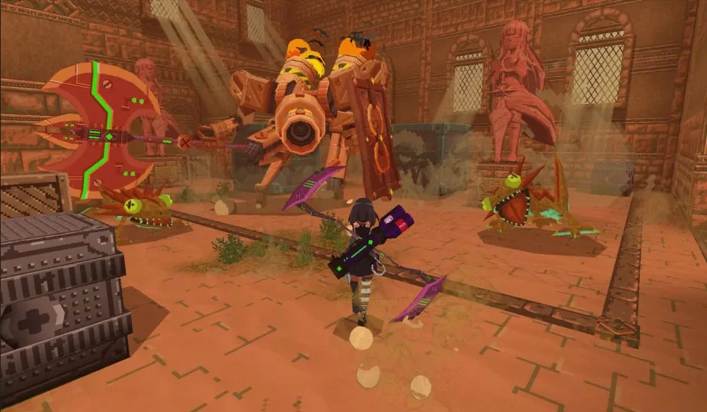 Exploração e combate no jogo brasileiro Abyss X Zero, com visual low-poly e cores vibrantes, em destaque no QG Reloaded.