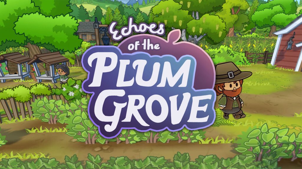 Logotipo do jogo Echoes of the Plum Grove centralizado sobre uma paisagem de fazenda em estilo cartoon, com um personagem de barba e chapéu de peregrino à direita e colmeias de abelhas à esquerda.