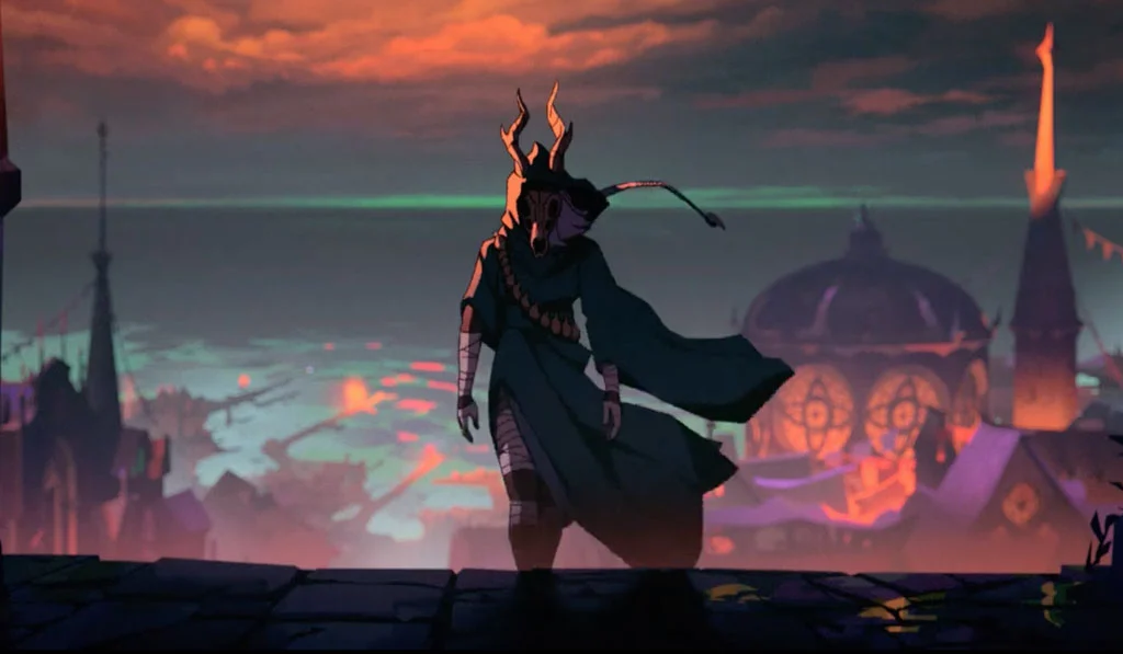 Arte conceitual de Slay the Spire 2 mostrando a personagem Necrobinder usando uma máscara de caveira com chifres, observando uma cidade gótica ao entardecer.