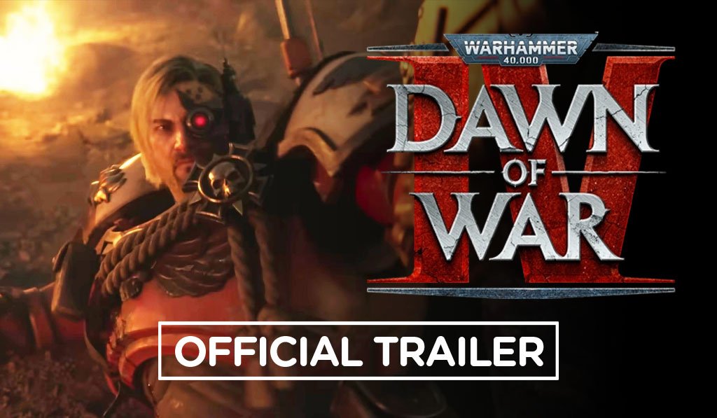 Cena do trailer oficial de Warhammer 40,000 Dawn of War IV com foco em um Space Marine ferido em combate.
