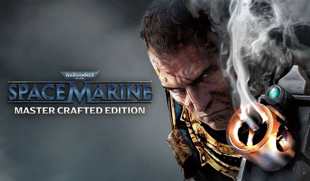 Destaque da Master Crafted Edition de Warhammer 40,000 Space Marine 2 mostrando o Tenente Titus e arma fumegante.