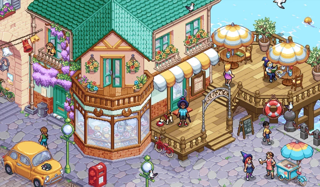 Visão isométrica em pixel art de Witchbrook no QG Reloaded, mostrando uma cafeteria à beira-mar com personagens bruxos, mesas externas e um fusca amarelo estacionado.
